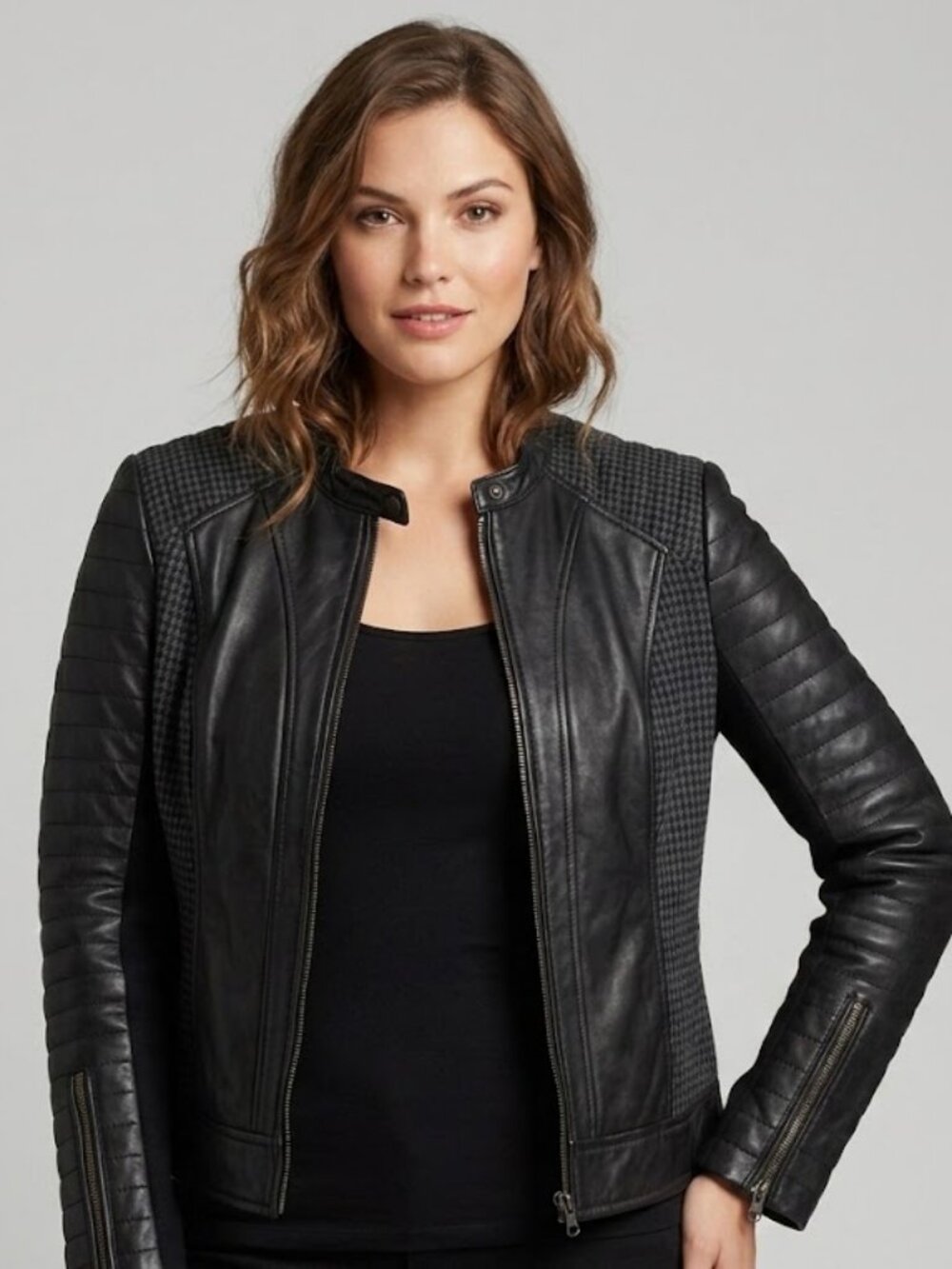 TROUVE Womens Medium Leather Moto Jacket Wool Houndstooth Biker Zip Black Gray M